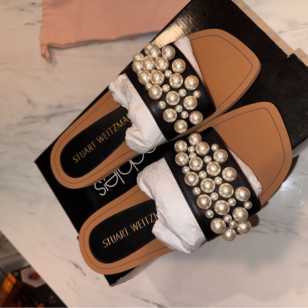 Stuart Weitzman Black Pearl-Embellished Slide Mules SIZE 9 - Picture 4 of 6